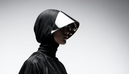 A model stands against a minimalist background, wearing an innovative headpiece that combines sleek metal and fabric. The striking silhouette emphasizes modern artistry and creativity in fashion.の写真素材