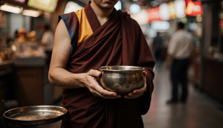 In a bustling market, a monk in traditional robes stands still, holding a silver bowl. People walk...