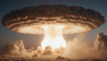 A powerful explosion creates a massive mushroom cloud, towering high into the evening sky. The fiery...