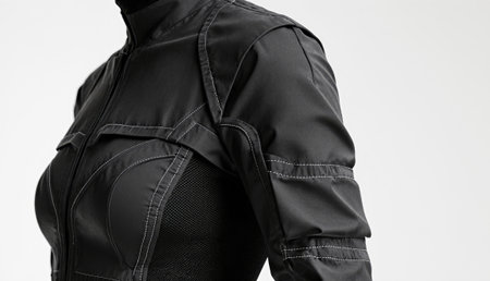 A fashionable black jacket features intricate stitching and a structured fit, highlighting a blend of contemporary style and functionality. The material enhances the jacket's sleek profile.の写真素材