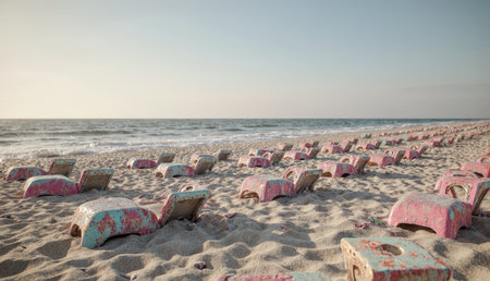 Rows of colorful beach chairs rest on soft sand, facing the shimmering ocean. The tranquil scene captures the soft light of the setting sun, inviting relaxation and serenity.の写真素材