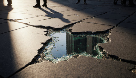 As the sun sets, a crack in the pavement reveals a shimmering pool of water. Shadows of pedestrians dance across the textured surface, creating a captivating scene of urban life.の写真素材