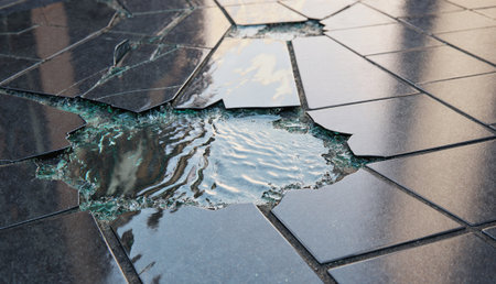 Cracked tiles create an unexpected puddle in an urban space. The reflective water contrasts with the...