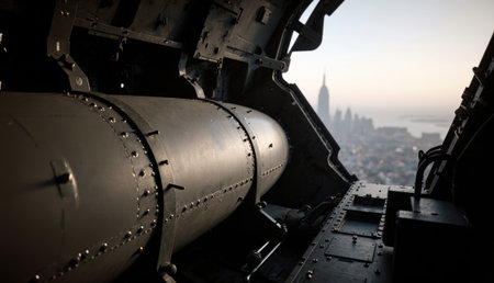 The scene shows the interior of a military helicopter, capturing the moment just before sunrise. A...
