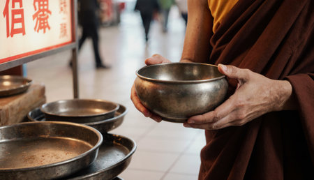 A monk stands in a busy market, holding a metal bowl. People pass by, creating a lively atmosphere.の写真素材