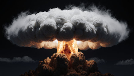 A stunning mushroom cloud rises dramatically against the dark evening sky, illuminated by the glow of an explosive force below. The scene captures the sheer power and intensity of the moment.の写真素材