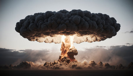 3d illustration of huge explosion with smoke and fire in the skyの写真素材