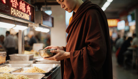 A young monk stands at a busy food market, carefully selecting dishes with his bowl. The vibrant stalls showcase a variety of colorful foods, creating a lively and rich atmosphere.の写真素材