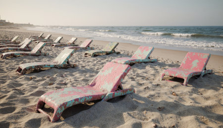 Pink loungers rest on soft sand, facing gentle waves. The sun sets on the horizon, creating a calm, peaceful atmosphere perfect for relaxation by the sea.の写真素材