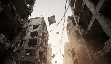 Amidst the ruins of outdated buildings, a calm but haunting evening light filters through broken walls. Loose papers float gently around, whispering stories of the past.の写真素材