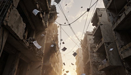 Amid the crumbling buildings of a deserted street, scattered papers float through the air, catching...