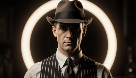 A man stands confidently in a vintage suit and hat, bathed in dramatic light that creates a halo effect. The setting evokes a classic noir ambiance, full of intrigue and mystery.の写真素材