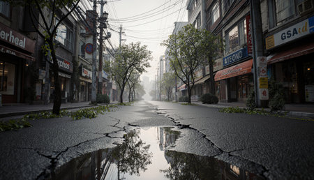 An empty city street shows cracks in the pavement reflecting the gray sky. Trees line either side,...