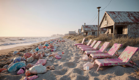 A serene beach scene at sunset features vibrant jellyfish scattered along the shore. Empty loungers await visitors beside weathered beach houses, creating a calming atmosphere.の写真素材