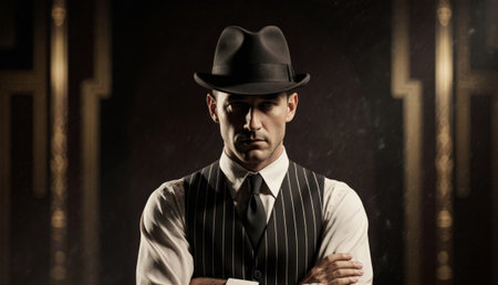 In a vintage-inspired scene, a man wearing a black hat and pinstripe suit exudes confidence. The warm light highlights his serious expression, creating an air of mystery and intrigue.の写真素材