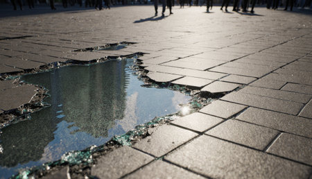Sunlight glints off a puddle reflecting tall buildings and bustling people in a lively urban plaza. Cracked tiles hint at age, contrasting with the vibrancy of city life around them.の写真素材