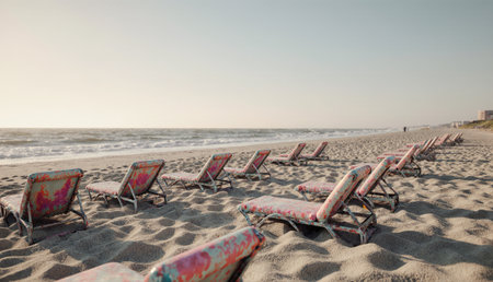 Beach chairs are neatly arranged on soft sand, facing the ocean as the sun sets on the horizon. Waves crash softly, creating a serene atmosphere perfect for relaxation and leisure.の写真素材