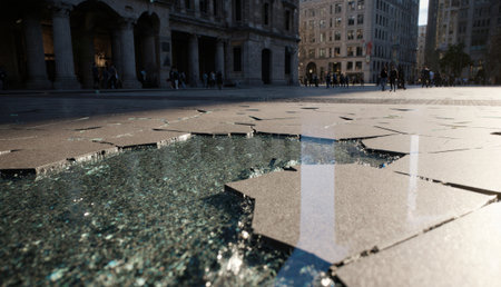 A unique city square showcases cracked pavement with sparkling water pooling inside. The setting sun...