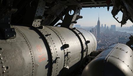 Inside the military aircraft, advanced technology is visible, framed by the iconic skyline of the city. The scene captures a moment of readiness juxtaposed with urban beauty.の写真素材