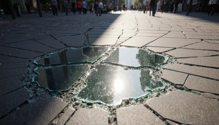 Bright sunlight glimmers off broken glass pieces scattered on a busy city street. People stroll by, enjoying their day and the vibrant atmosphere. The unique scene captivates the onlookers.の写真素材