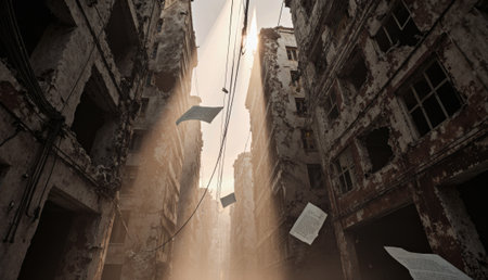 Dust dances in the golden light as sunlight filters through crumbling buildings. Tattered papers float gently in the air, whispering tales of a once-bustling life now forgotten.の写真素材