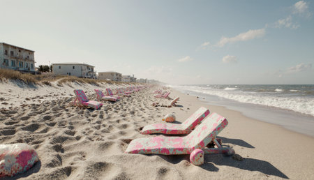 Lounge chairs in vibrant pink are scattered along a sandy beach, with gentle waves lapping at the shore. Soft clouds float in a bright blue sky, creating a peaceful coastal scene.の写真素材