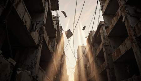 Dusty sunlight filters through broken buildings, casting long shadows in an eerie atmosphere. Torn...