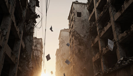 Amidst crumbling buildings, sunlight filters through the debris, casting a golden hue on scattered...