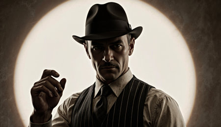 Under a dramatic spotlight, a sharply dressed man with a hat stands with a confident pose. His...