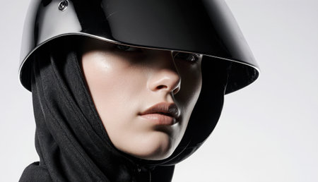 In a contemporary photoshoot setting, a model showcases an avant-garde look featuring a black helmet and a dark hoodie. Her striking expression suggests confidence and innovation.の写真素材