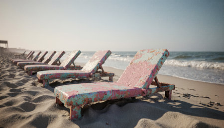 Colorful lounge chairs sit quietly on the warm sand, facing the gentle waves of the ocean. The sun reflects off their weathered surfaces, creating a peaceful seaside scene.の写真素材