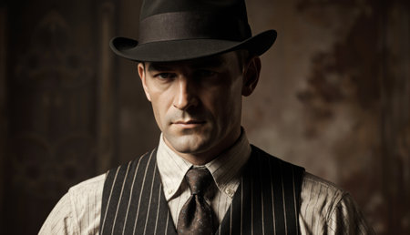 A well-dressed man stands confidently in a vintage suit and hat. His serious expression and the...