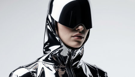 A model stands confidently in a shiny, silver outfit that hugs her silhouette.の写真素材