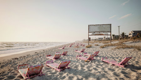 Colorful pink loungers sit scattered on a sandy beach as the sun begins to set, casting a warm glow. Nearby, the waves gently crash, creating a peaceful backdrop for a quiet evening.の写真素材
