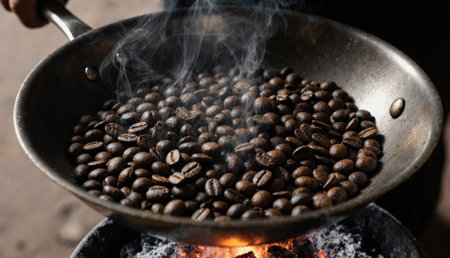 Dark, fragrant coffee beans are being roasted in a pan over a flickering flame. Smoke rises into the...