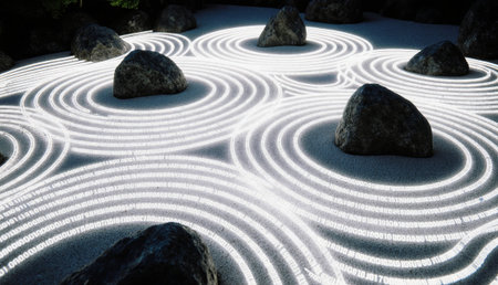 Bright patterns of light swirl around stones in a tranquil garden setting during sunset. The serene atmosphere invites reflection and harmony.の写真素材