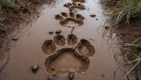 During a tranquil morning, clear paw prints make their way through a muddy path, surrounded by grass...