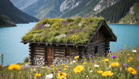 Nestled beside a tranquil lake, this rustic cabin features a roof adorned with colorful wildflowers. Surrounded by majestic mountains, the scene evokes a peaceful retreat in nature.の写真素材