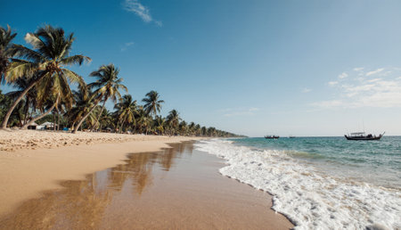 Waves gently lap against the shore, reflecting the vibrant colors of the sky. Palm trees stand tall,...