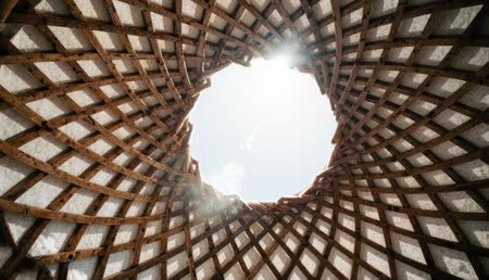 Looking up from inside an unusual architectural structure, sunlight streams through the circular opening above.の写真素材