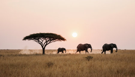 Three elephants walk gracefully across the golden grassland, with a lone acacia tree nearby. The sun sets on the horizon, casting a warm glow over the serene landscape.の写真素材