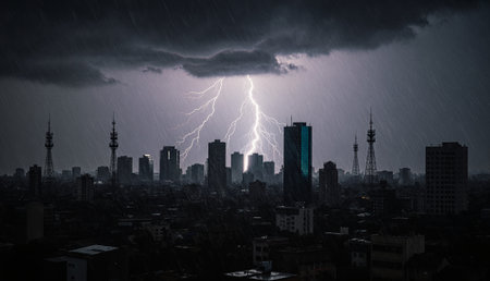 Dark clouds loom over the skyline as brilliant lightning strikes down, casting flashes of light across the towering buildings. The heavy rain adds to the dramatic atmosphere in the night.の写真素材