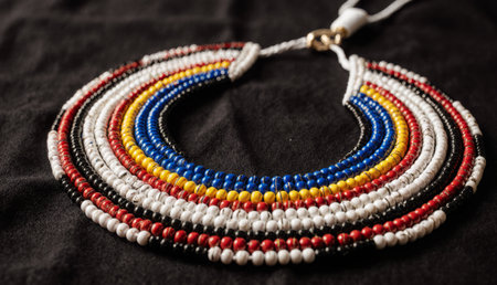 Brightly colored beads create an intricate necklace displayed against a dark background, representing local craftsmanship. This unique piece highlights the rich culture and artistry of the region.の写真素材