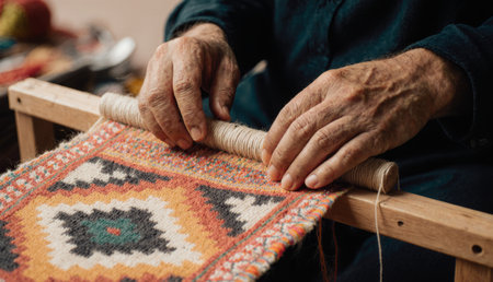An artisan skillfully weaves a vibrant tapestry in a warm, inviting workshop. The craftsmanship showcases intricate patterns and bright colors, capturing the essence of traditional art.の写真素材