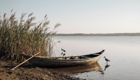 A tranquil scene unfolds at dawn as a worn boat rests along the shore. Graceful birds wade through the calm waters, surrounded by tall reeds under a clear sky.の写真素材