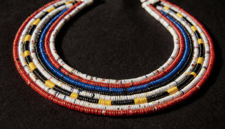 Crafted with care, this striking necklace features a mix of bright beads in red, blue, black, yellow, and white. The intricate patterns celebrate cultural traditions and artistic expression.の写真素材