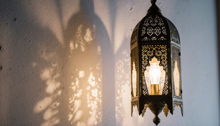 An ornate lantern hangs against a textured wall, illuminating its surroundings. Soft light filters through detailed cutouts, creating captivating shadows that dance across the surface.の写真素材
