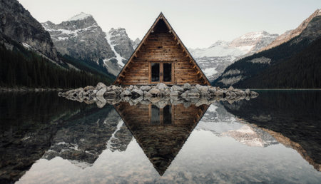 A rustic wooden cabin sits on a small island in a tranquil lake, reflecting the majestic mountains at dawn. The serene landscape invites peace and adventure, immersed in nature's beauty.の写真素材