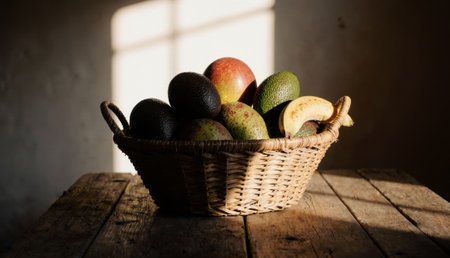A woven basket brimming with ripe fruits sits on a rustic wooden table. Sunlight streams through a nearby window, casting warm shadows on the vibrant avocados, apples, and bananas.の写真素材