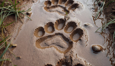 Soft mud holds the imprints of large paw prints, indicating the presence of a curious animal wandering through the meadow. Grass borders the edge, hinting at the serene surroundings.の写真素材